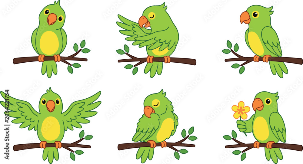 Obraz premium Cute green parrot vector illustration set sitting on tree branch preening wings flying holding flower isolated on white background flat design