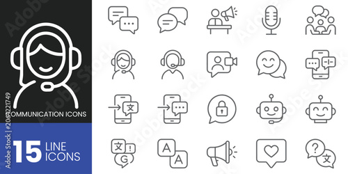 Konstfotografi Set of communication icons, thin line style, customer support, chat, translation
