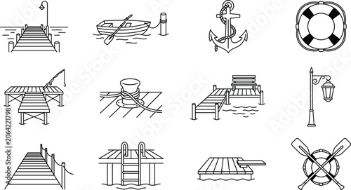 Obraz na płótnie Wooden boat dock and pier vector line icon set featuring wooden jetty anchor row