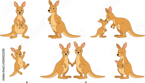 Bild auf Leinwand Adorable wild kangaroo vector set showing mother with baby in pouch jumping happ