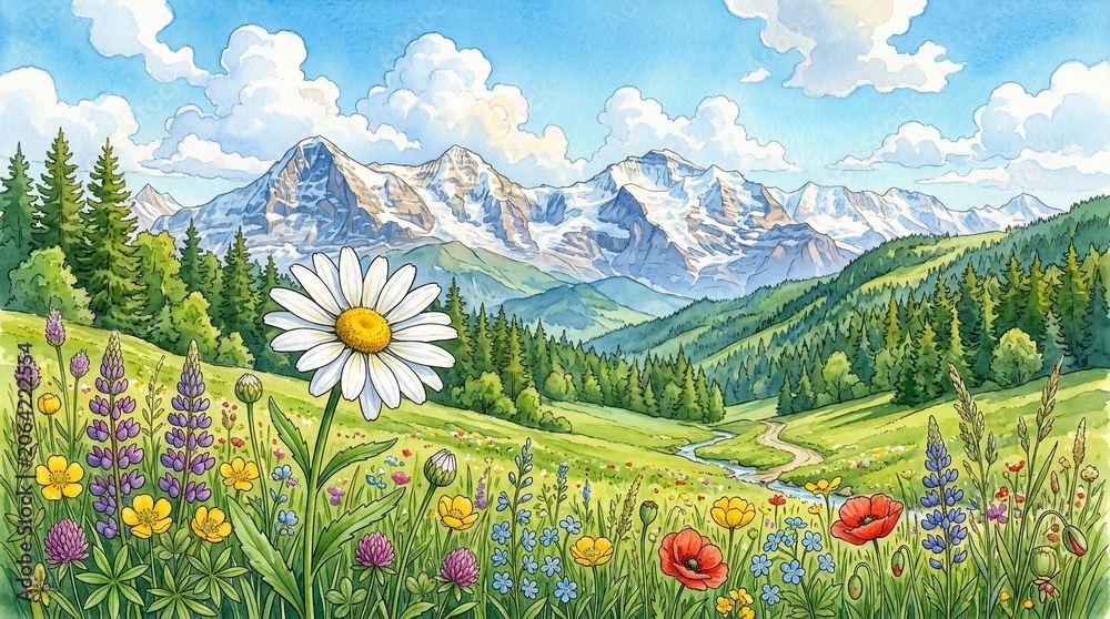 Fototapeta premium Scenic mountain landscape with colorful wildflowers in a serene natural setting
