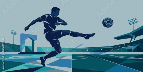 Dynamic illustration of soccer player kicking ball for world football championship graphics