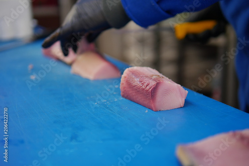 Photography Fish filleting at a seafood market in the early morning