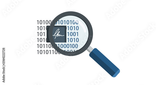 Digital Signature Verification and Cyber Security Audit Concept with Magnifying Glass over Binary Code