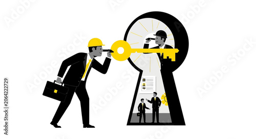 Businessmen Unlocking Success and Career Opportunities with Key through Keyhole Concept