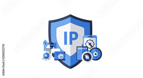 Intellectual Property Protection and Digital Security Concept with IP Shield and Icons