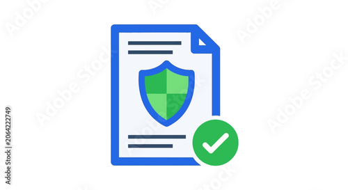 Secure Document Icon with Green Protection Shield and Verification Checkmark for Data Privacy and Safety