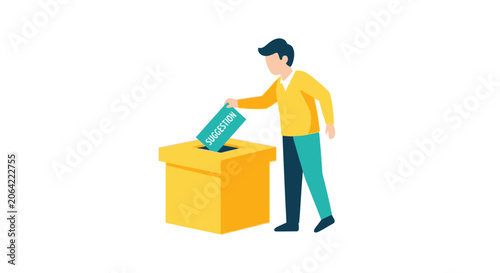 Man Inserting Suggestion Card into Feedback Box - Flat Vector Illustration for Business Ideas, Customer Surveys, and Employee Engagement Concepts