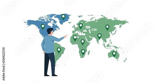 Global Corporate Social Responsibility (CSR) Strategy and Sustainability Locations Map with Businessman Vector Illustration