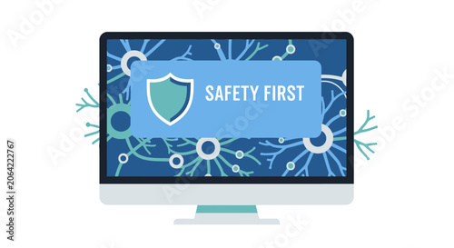 Cybersecurity Concept Illustration of a Computer Monitor with Safety First Shield Icon and Abstract Network Background