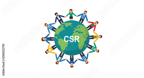 Corporate Social Responsibility (CSR) Concept: Diverse Business People Holding Hands Around the World Globe - Flat Vector Illustration