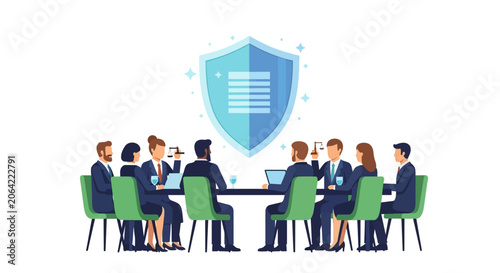 Business Professionals Meeting with Large Protection Shield for Legal, Insurance, and Data Privacy Concepts
