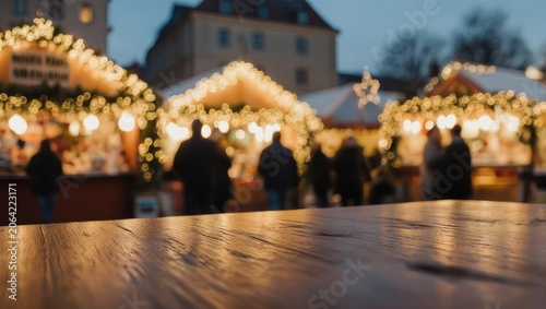 Blurred Christmas Market Scene with Wooden Table Foreground.