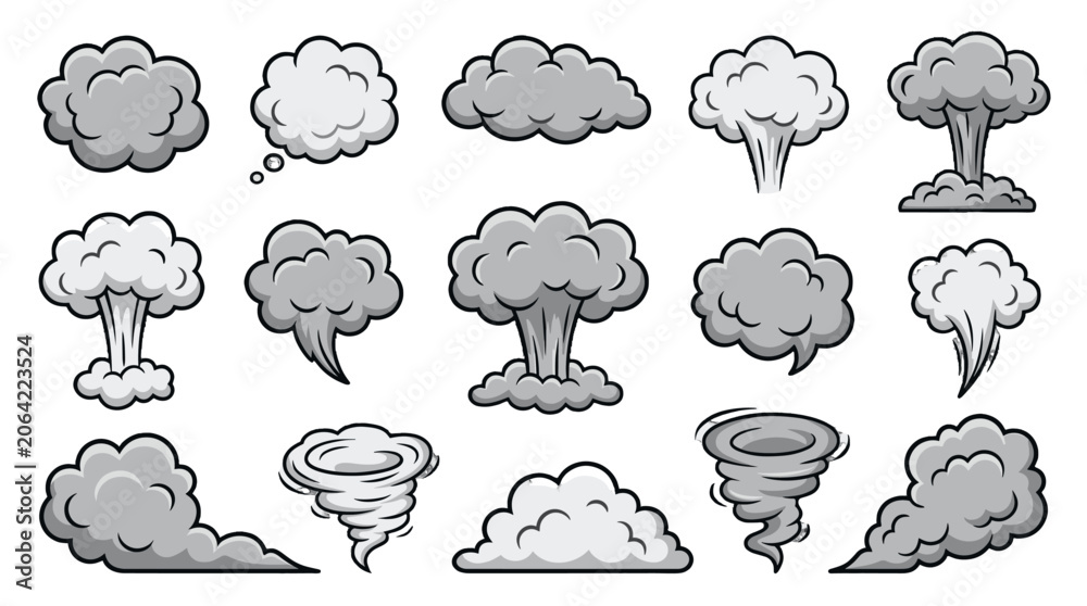 Obraz premium Cartoon smoke cloud and whirlwind icon set in gray tones