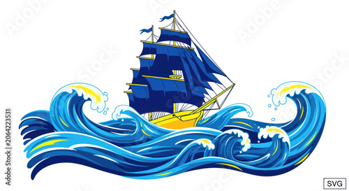 Majestic sailboat with blue sails cruising on powerful sea waves