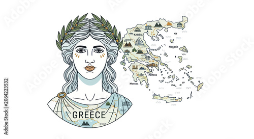 Schilderij op canvas Female personification of greece with geographic map and landmarks