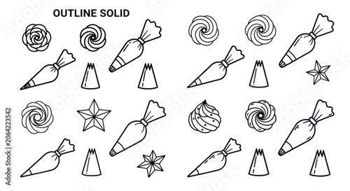 Cake decorating tools including pastry bags and frosting swirls
