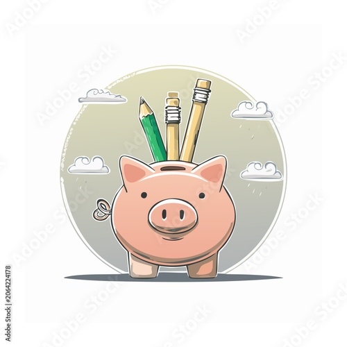 Cartoon piggy bank with pencils and savings concept
