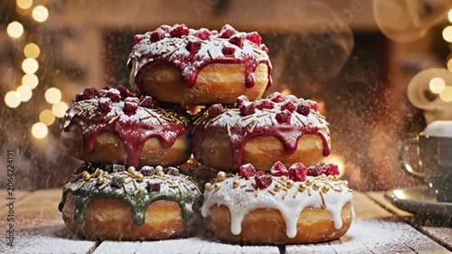 Fresh pastries with berries under sparkling sugar rain