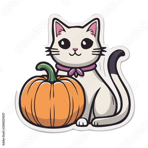 Cute White Cat with Pumpkin Illustration