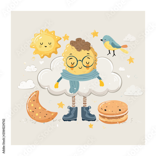 Whimsical Cookie Character with Sun, Moon, and Bird