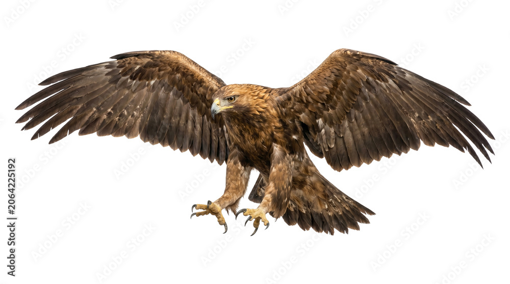 Obraz premium Majestic eagle bird with open wings soaring in sky isolated on transparent background PNG.