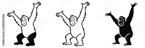 Canvas Print Three different colored cartoon gorilla icons with raised arms in black white an
