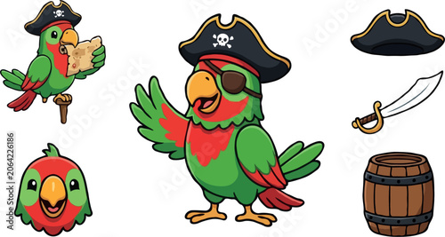 Quadro su tela Cute parrot pirate cartoon character vector illustration set with tricorn hat ey