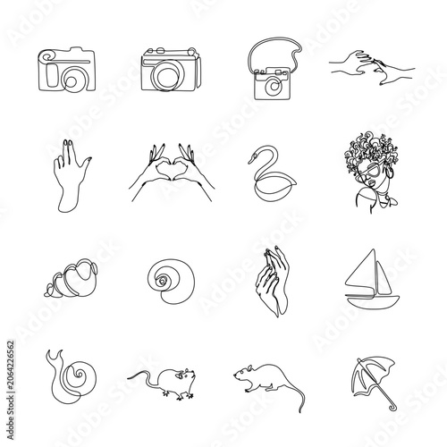Minimalist one line art icon set camera, hand, flamingo, shells, sailboat, umbrella, mice and abstract portraits. Elegant continuous line illustrations.