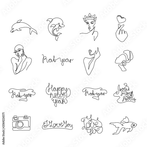 Minimalist one line art collection featuring women, dolphins, fish, cameras, hearts and handwritten quotes, continuous line illustrations for branding, prints and design.