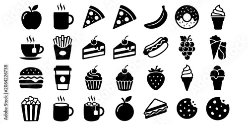 A collection of various food and drink icons arranged in rows on a white background
