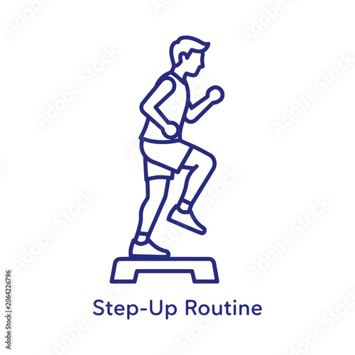 A blue line of a person performing a step-up exercise on a fitness platform, isolated on a white background, for health and training