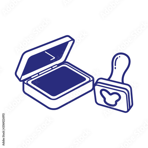 An open blue ink pad box with a rubber stamp featuring a butterfly shape, isolated on a white background, for office and, craft stationery projects