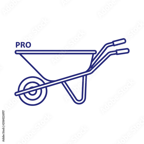 Blue line of a construction wheelbarrow with the text pro, isolated on a white background, minimalist symbol