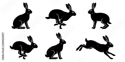 Tableau sur toile Six black rabbit silhouettes running and jumping in different positions