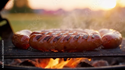 Grilled sausages sizzling over open fire at sunset