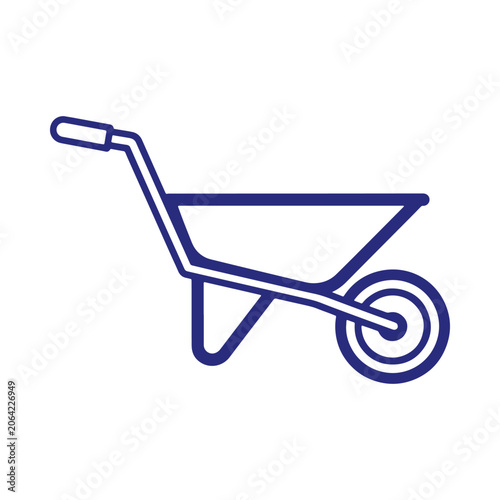 Blue line of a construction wheelbarrow, isolated on a white background, minimalist symbol for garden equipment