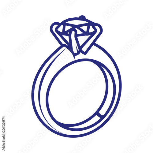 Blue line of a diamond engagement ring with a faceted gemstone, isolated on a white background, minimalist symbol
