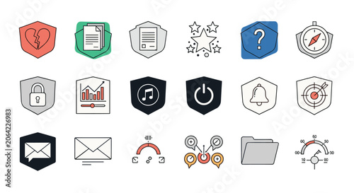 Obraz na plátně Set of diverse security and utility icons enclosed in shield shapes representing protection, music, and overall system status icons