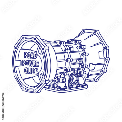 Blue line of a mechanical transmission part labeled road power glide, isolated on a white background, industrial