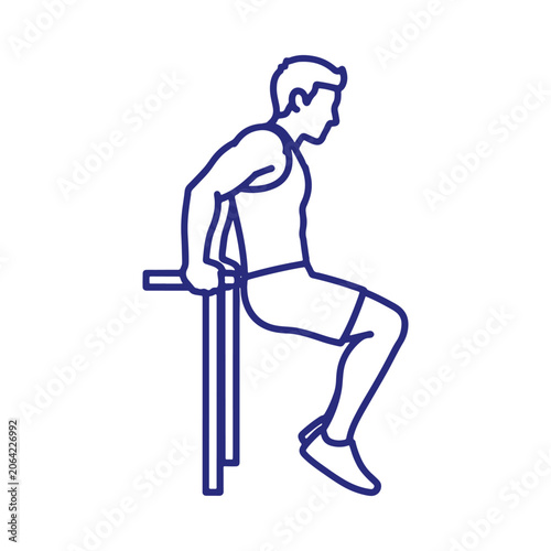Blue line of a person doing tricep dips on a bench, representing a fitness exercise routine, isolated on a white background