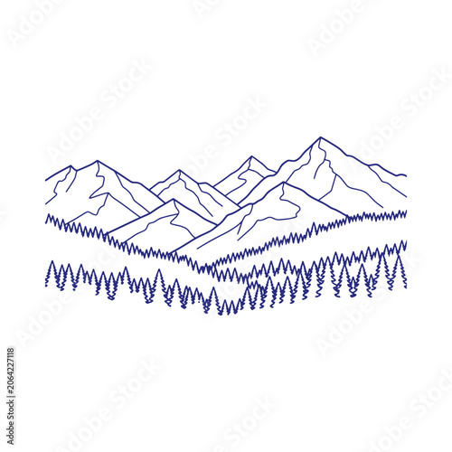 Blue outline of a mountain range landscape with a dense pine forest in the foreground, isolated on a white background, for travel themes