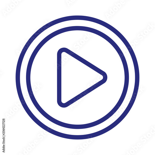 Circular play button simple blue outline of media control symbol, isolated on a white background audio