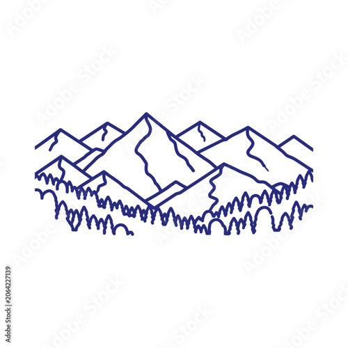 Blue outline of a mountain range with a dense forest of trees in the foreground, isolated on a white background, for nature
