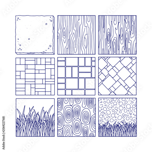Collection of nine square texture patterns, simple blue outline of surfaces, isolated on a white background