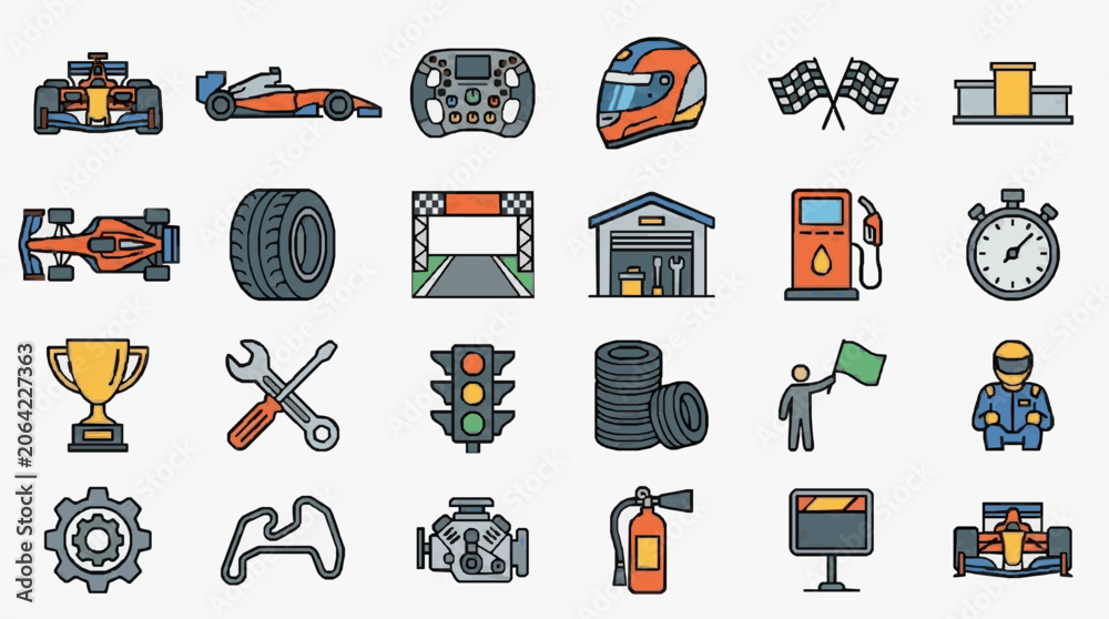 Naklejka premium Sleek Racing Icons Comprehensive Collection of Motorsport Elements and Symbols for Enthusiasts with high professional line art symbols for modern creative design and digital branding projects