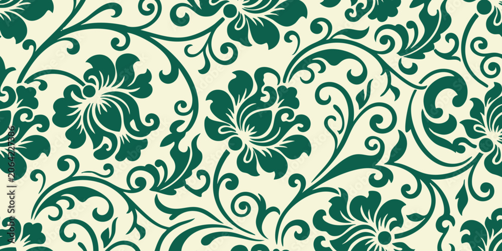 Fototapeta premium Green floral patterns decorate a cream-colored wallpaper background