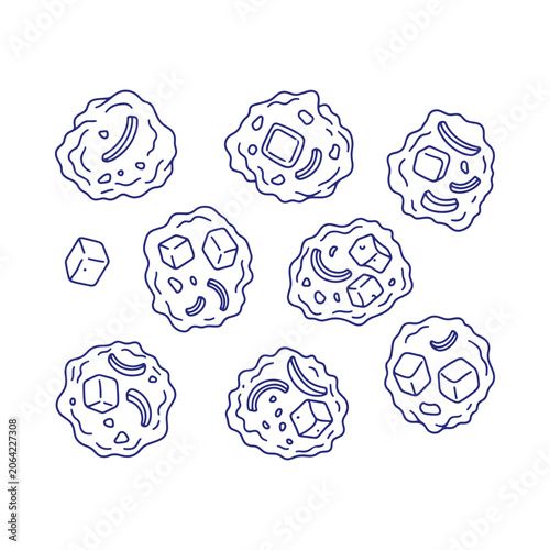 Set of round cookies with chocolate chunks, simple blue outline of baked snacks, isolated on a white background