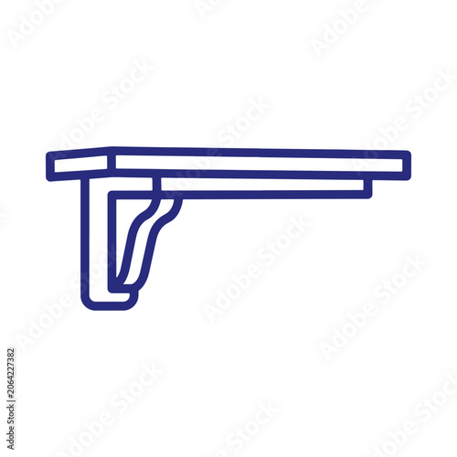Simple blue outline of a wall mounted shelf bracket with a flat surface, isolated on a white background, for interior decor concepts