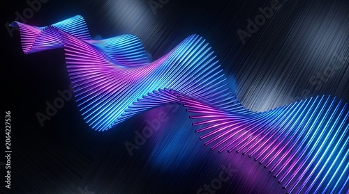 Neon blue and purple metal rods twisted into wavy spiral shapes on dark textured surface with bright light reflections.